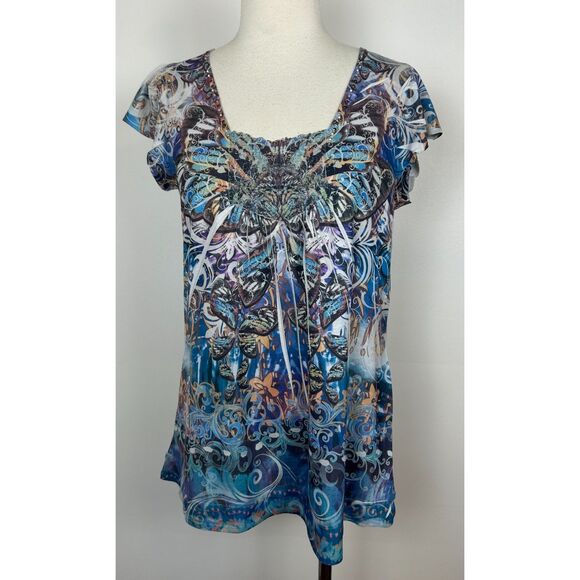 Live and Let Live Sz M Blue bohemian Shirt soft hippie Y2K Flutter Sleeve Tunic - Picture 1 of 5